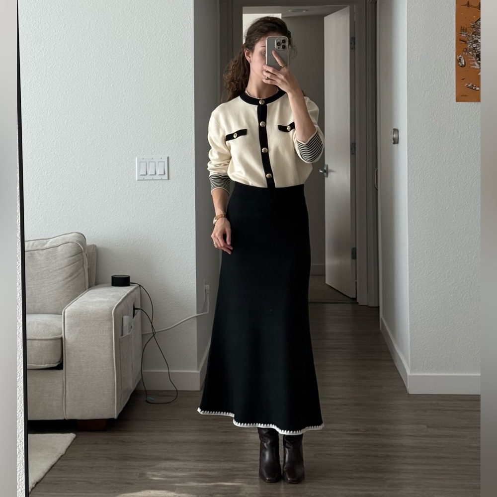 Black Knit Flared Midi Skirt